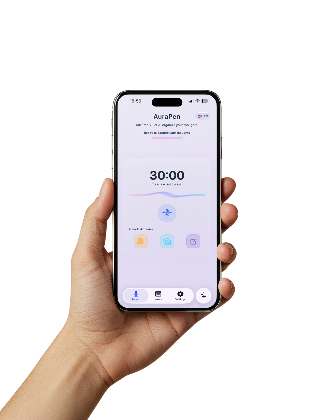 AuraPen iPhone interface showing secure offline AI voice transcription